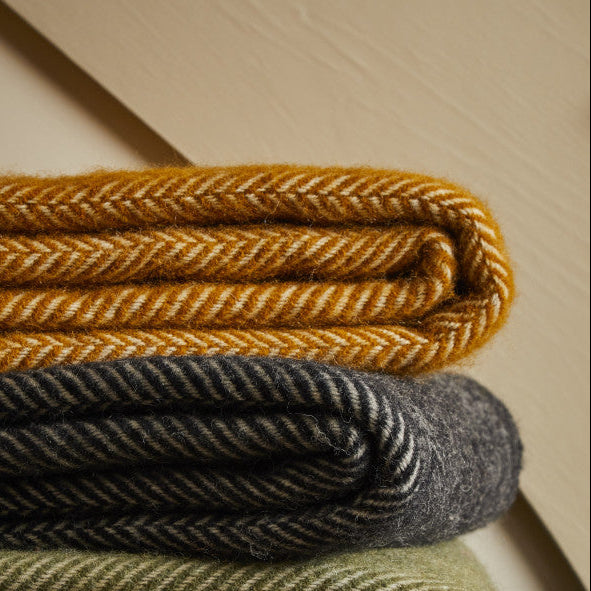 English Mustard Fishbone Pure Wool Throw / Blanket