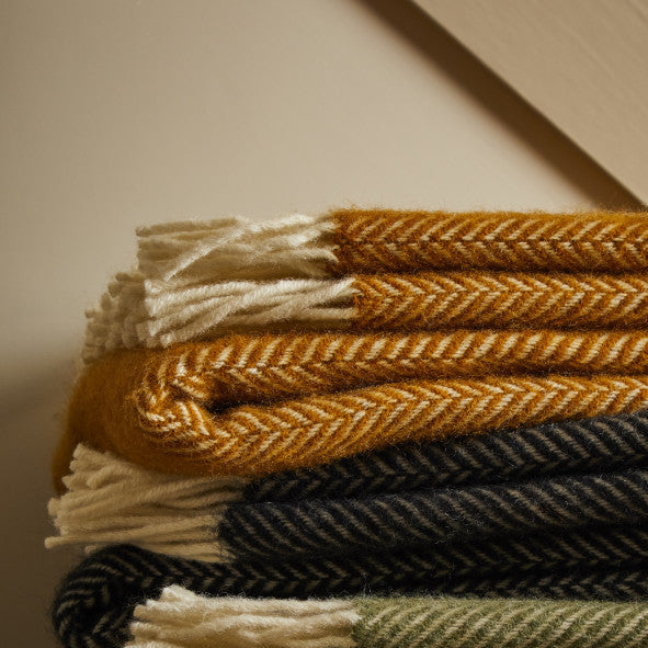 English Mustard Fishbone Pure Wool Throw / Blanket
