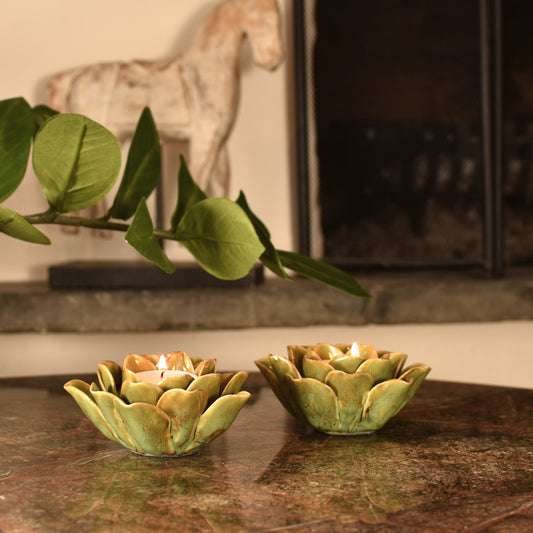 Green & Brown Flower T Light Holders - Pair