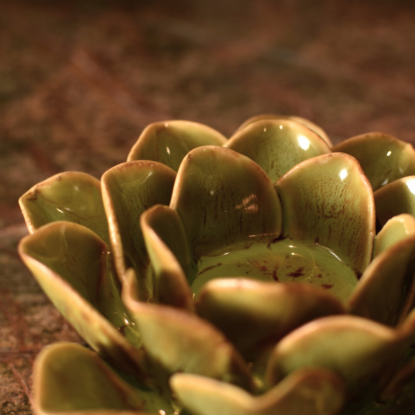 Green & Brown Flower T Light Holders - Pair