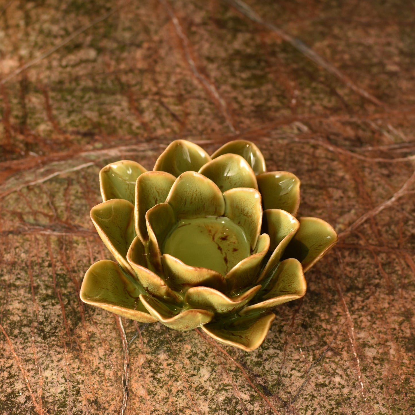 Green & Brown Flower T Light Holders - Pair