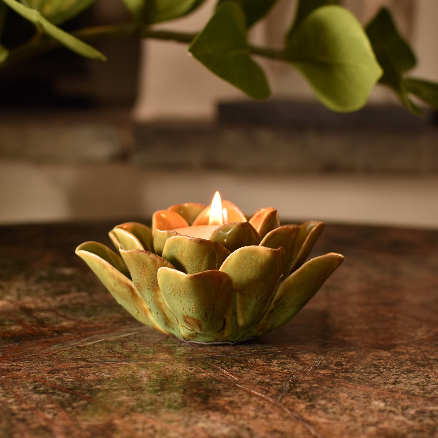 Green & Brown Flower T Light Holders - Pair