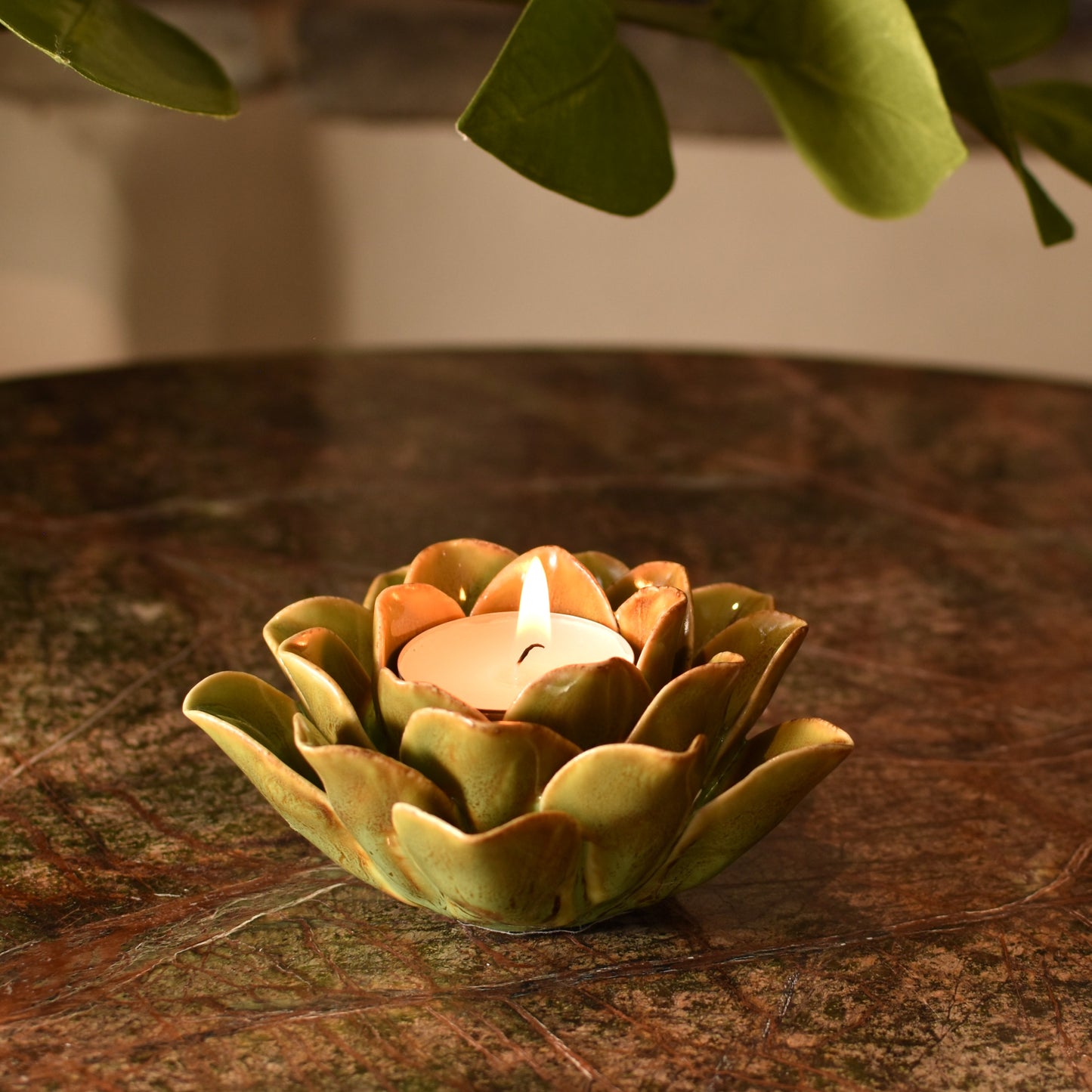 Green & Brown Flower T Light Holders - Pair