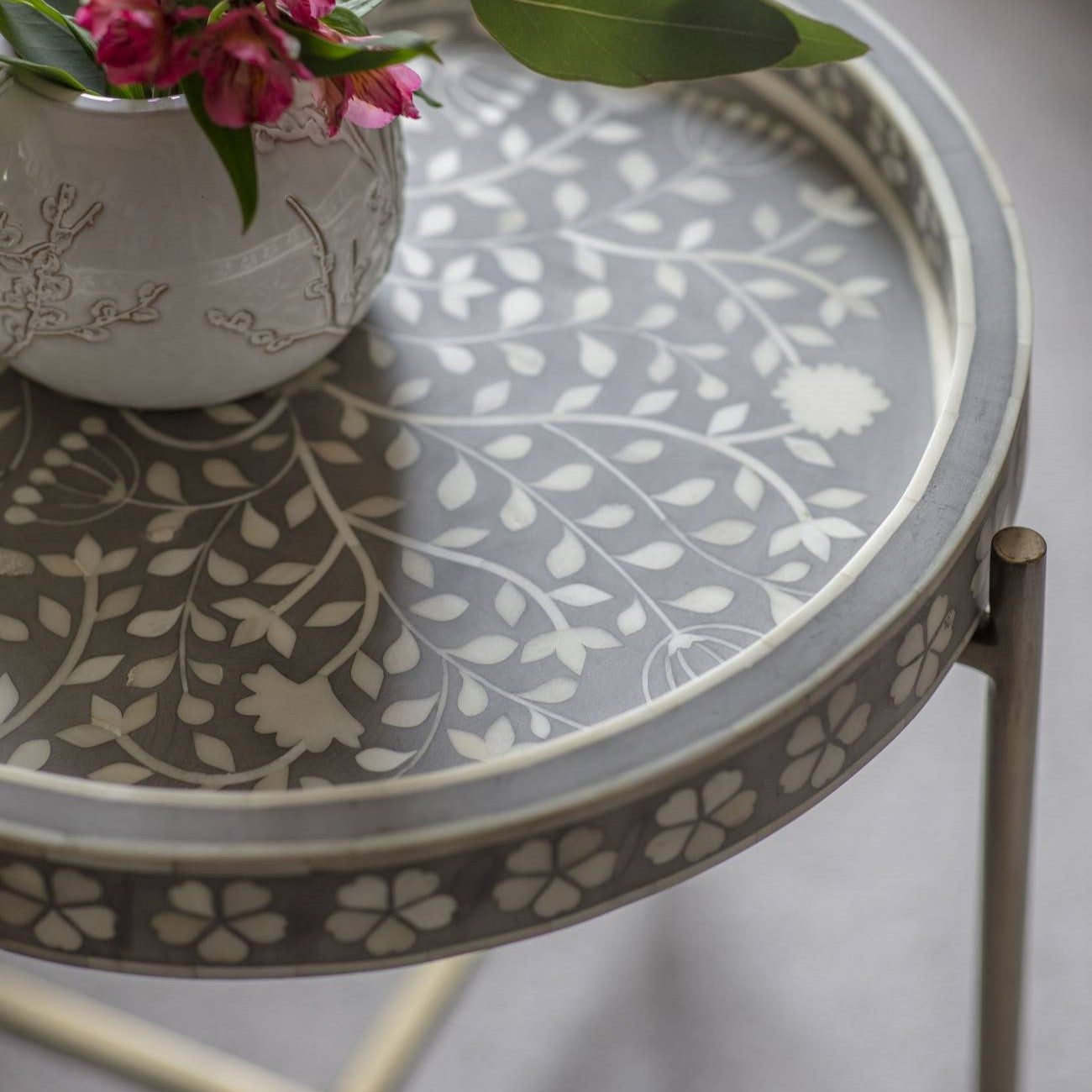 Bone Inlay Folding Side Table - Grey