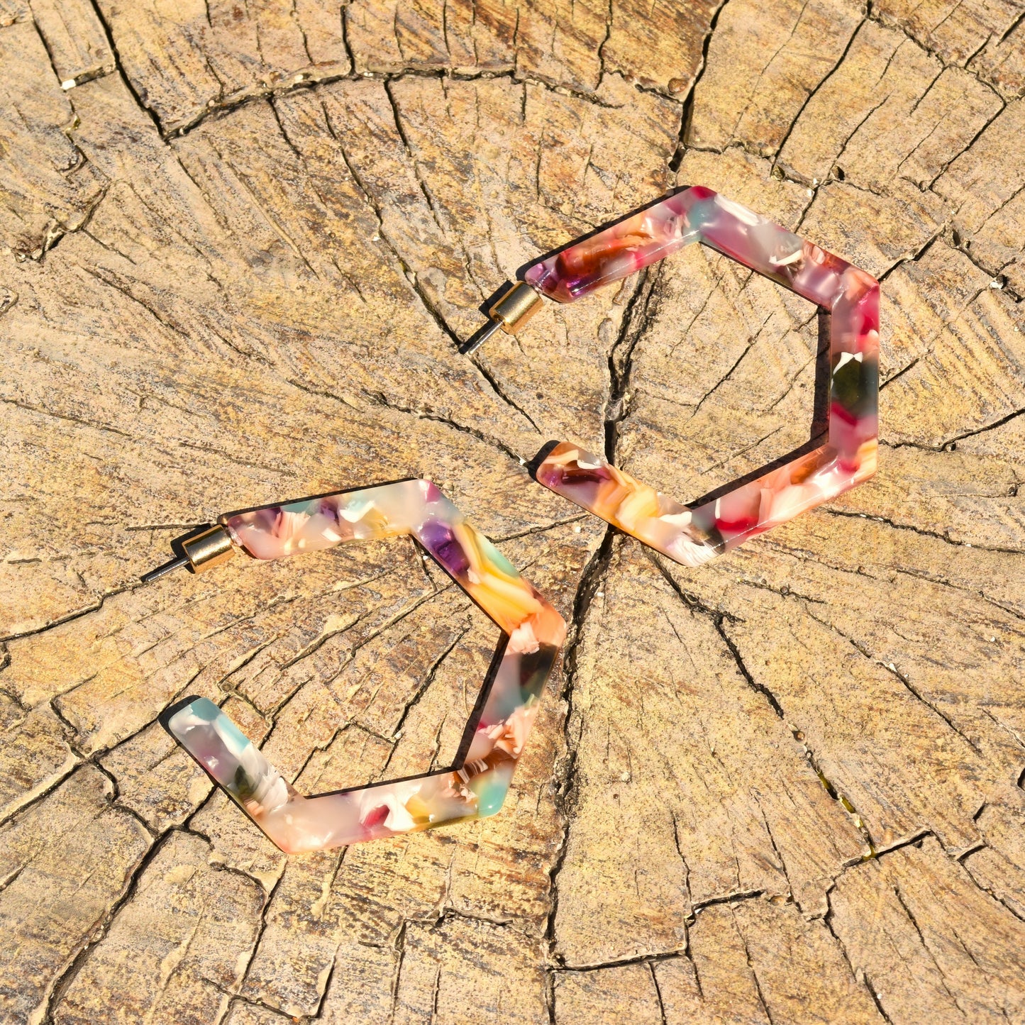 Hexagonal Resin Hoop Earring - Multi Coloured