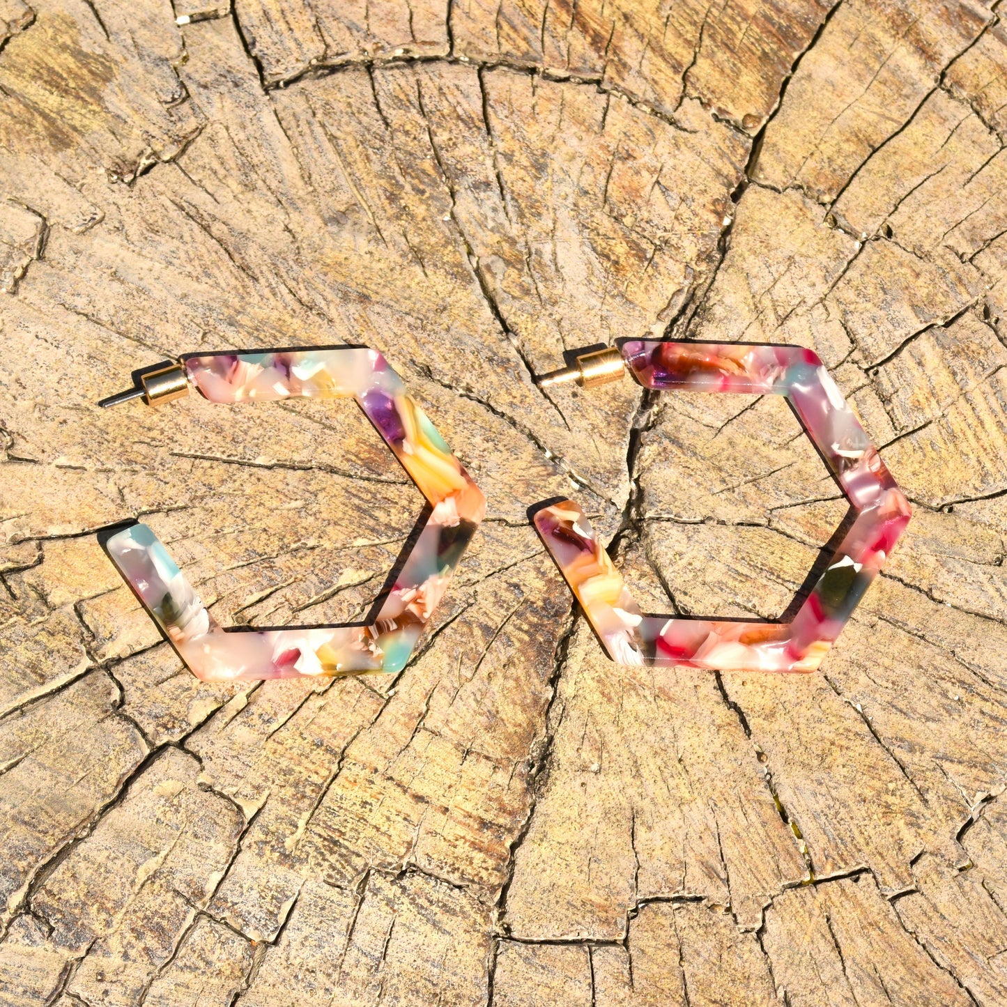 Hexagonal Resin Hoop Earring - Multi Coloured