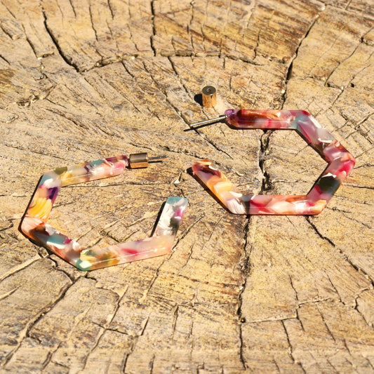 Hexagonal Resin Hoop Earring - Multi Coloured
