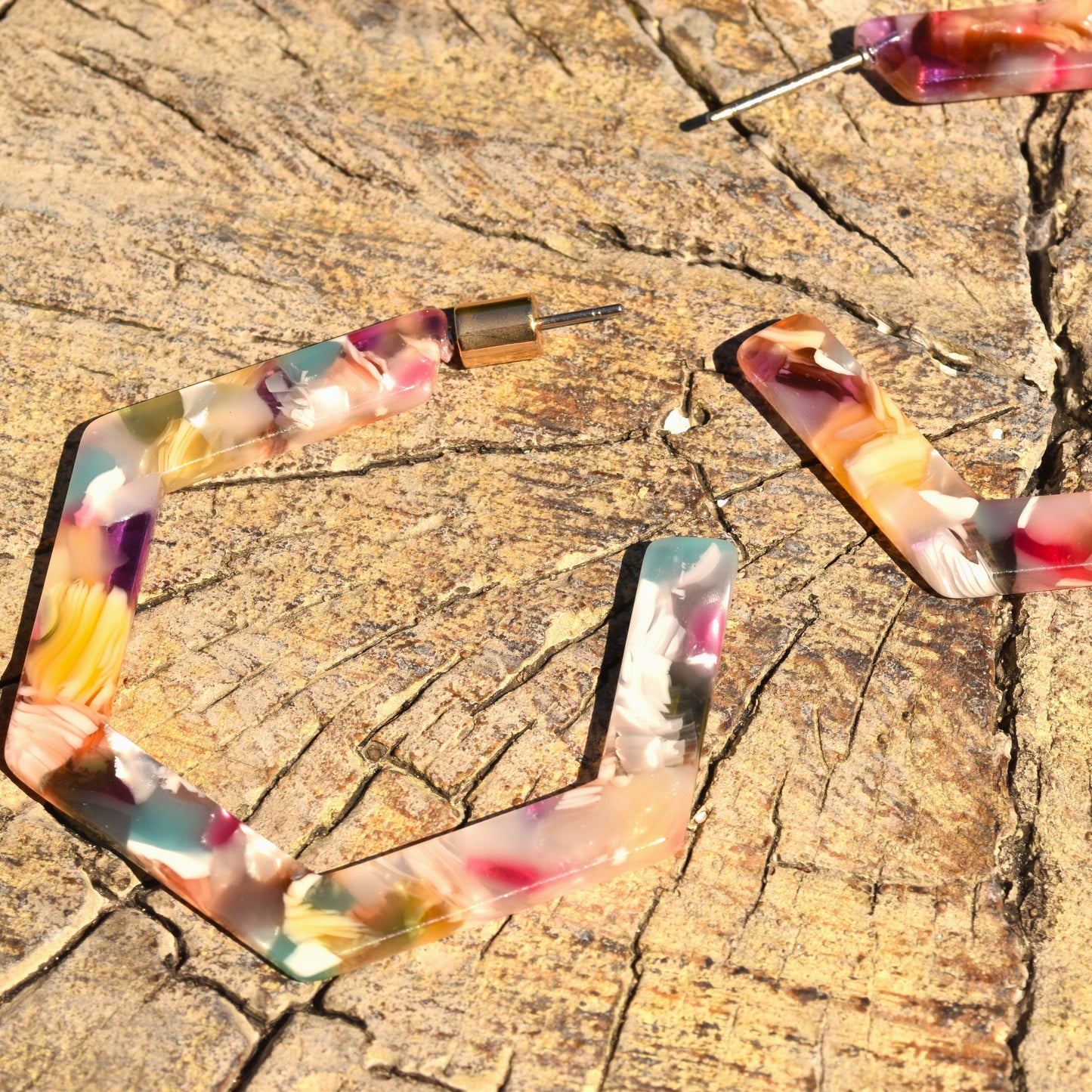 Hexagonal Resin Hoop Earring - Multi Coloured