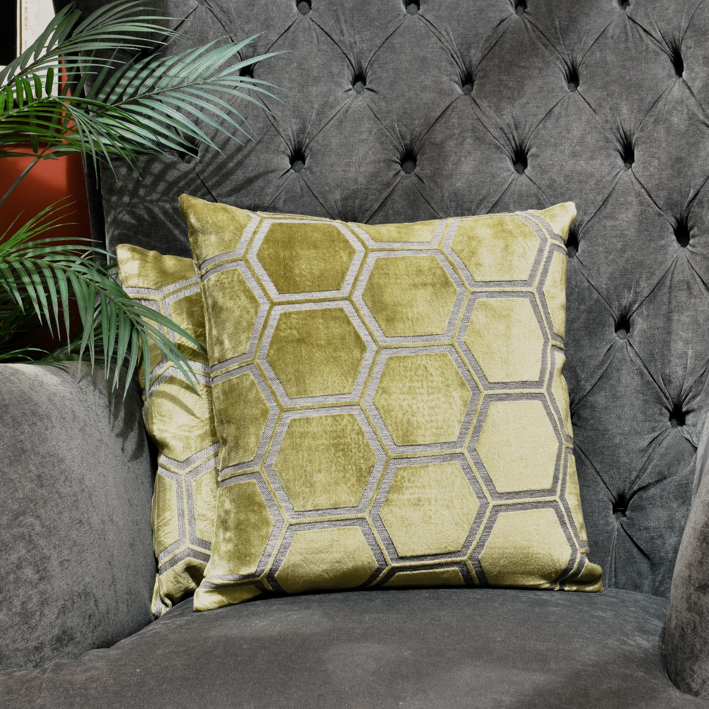 Hex Velvet Cushion 43cm - Olive Green