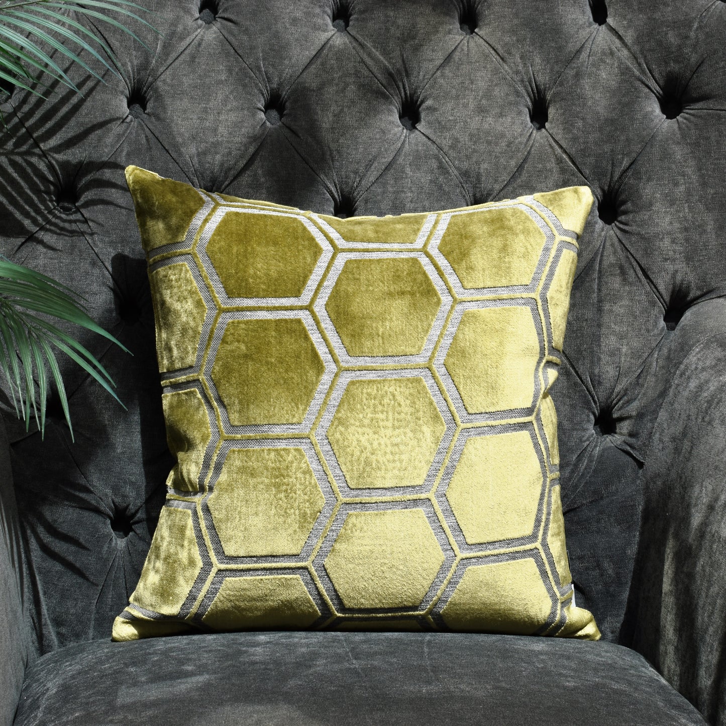 Hex Velvet Cushion 43cm - Olive Green