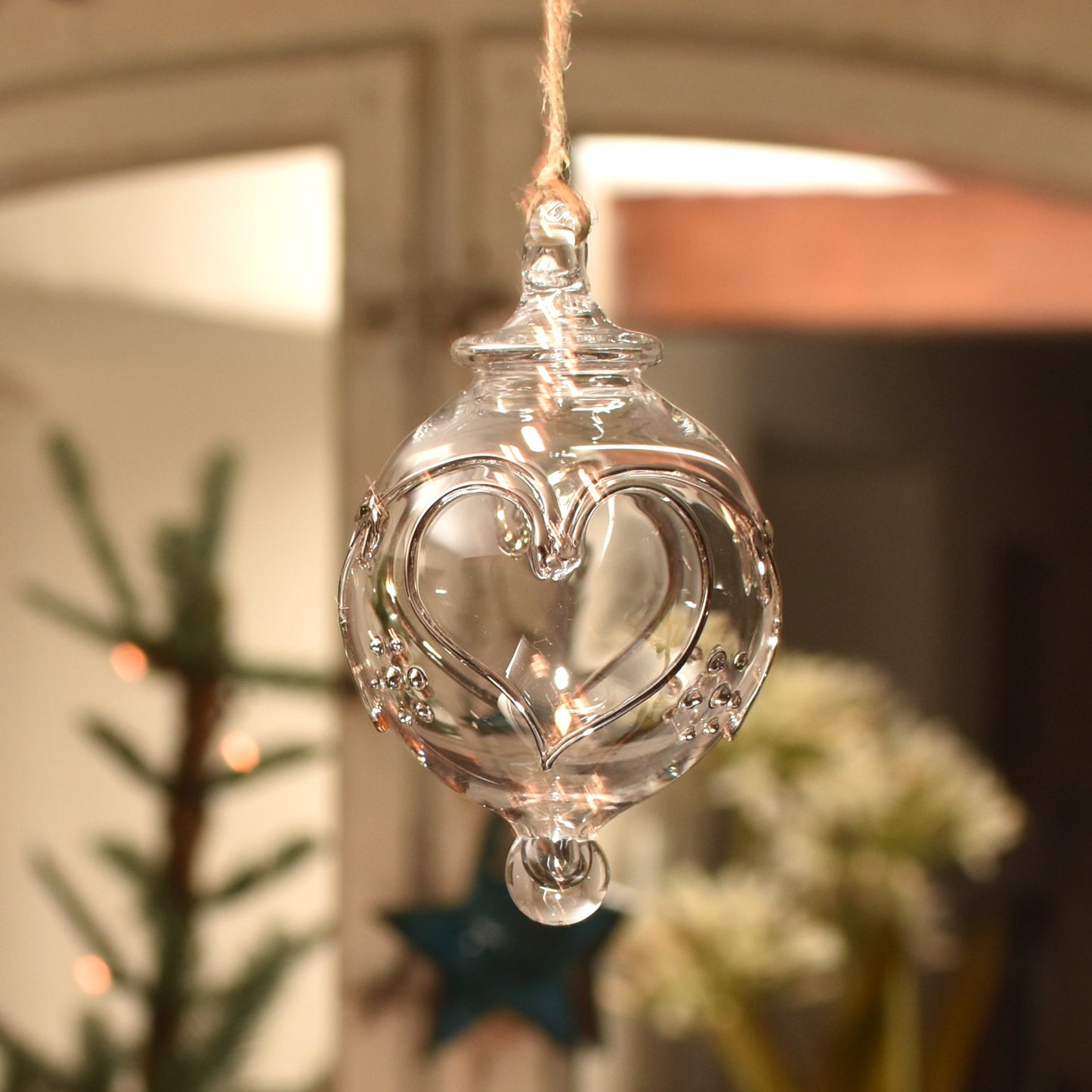 Love Heart Handblown Glass Bauble - Silver & Clear - Small