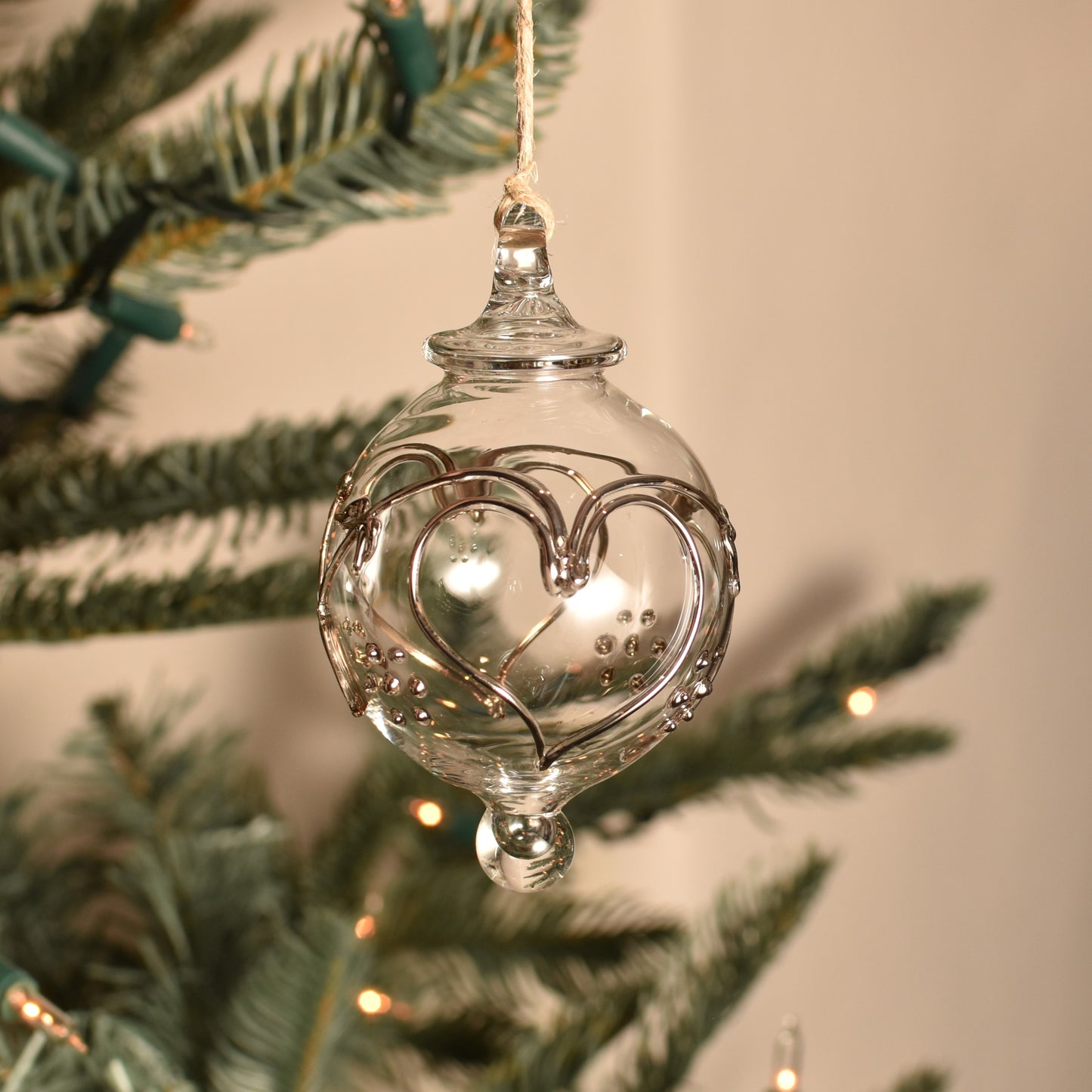 Love Heart Handblown Glass Bauble - Silver & Clear - Small