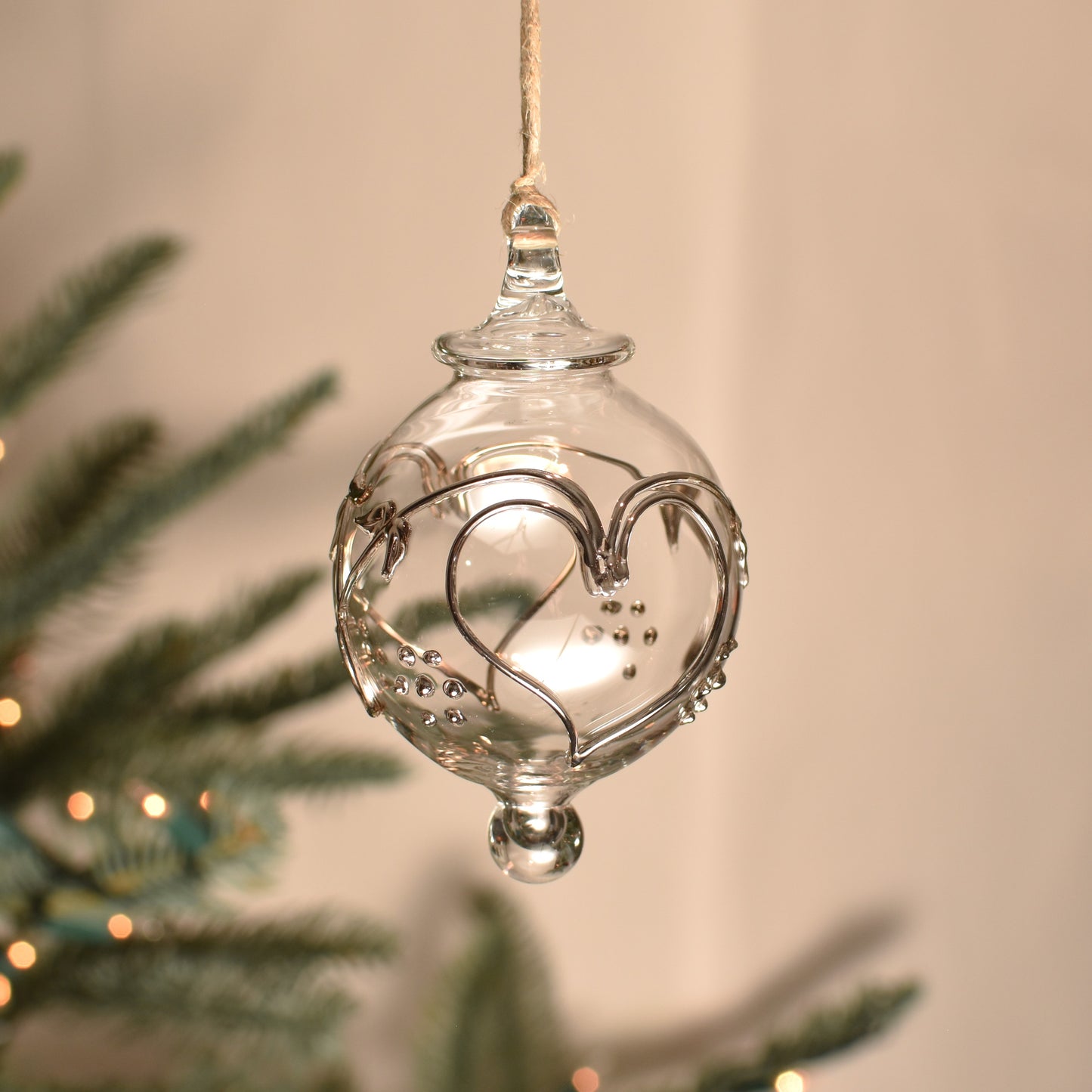 Love Heart Handblown Glass Bauble - Silver & Clear - Small
