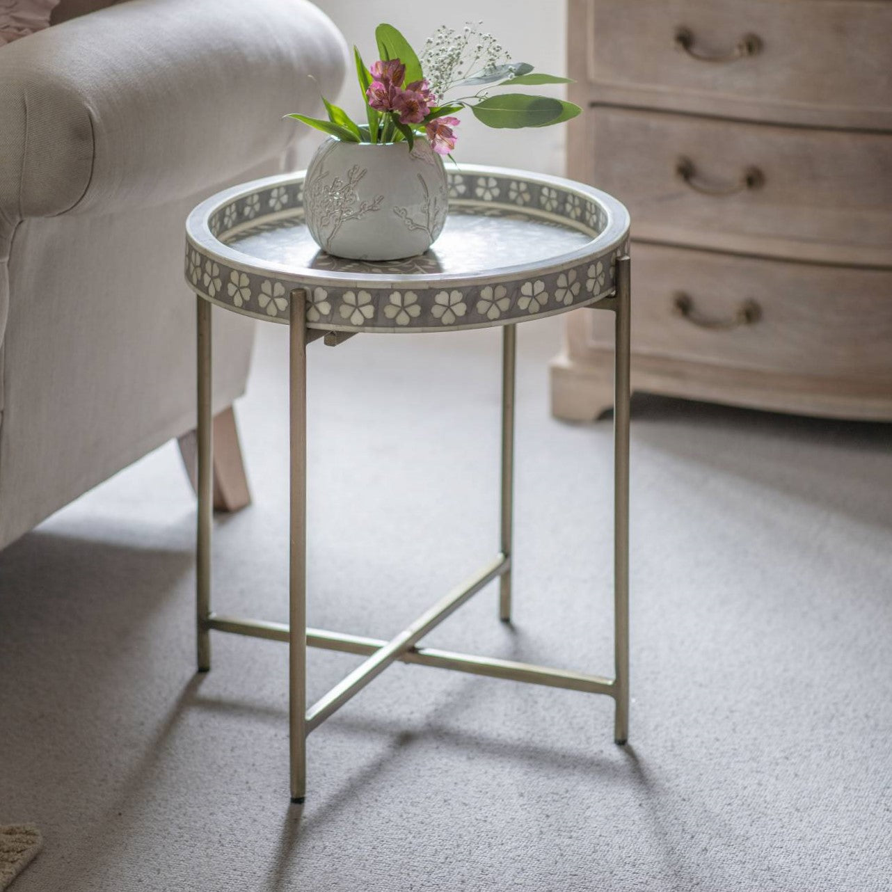 Bone Inlay Folding Side Table - Grey