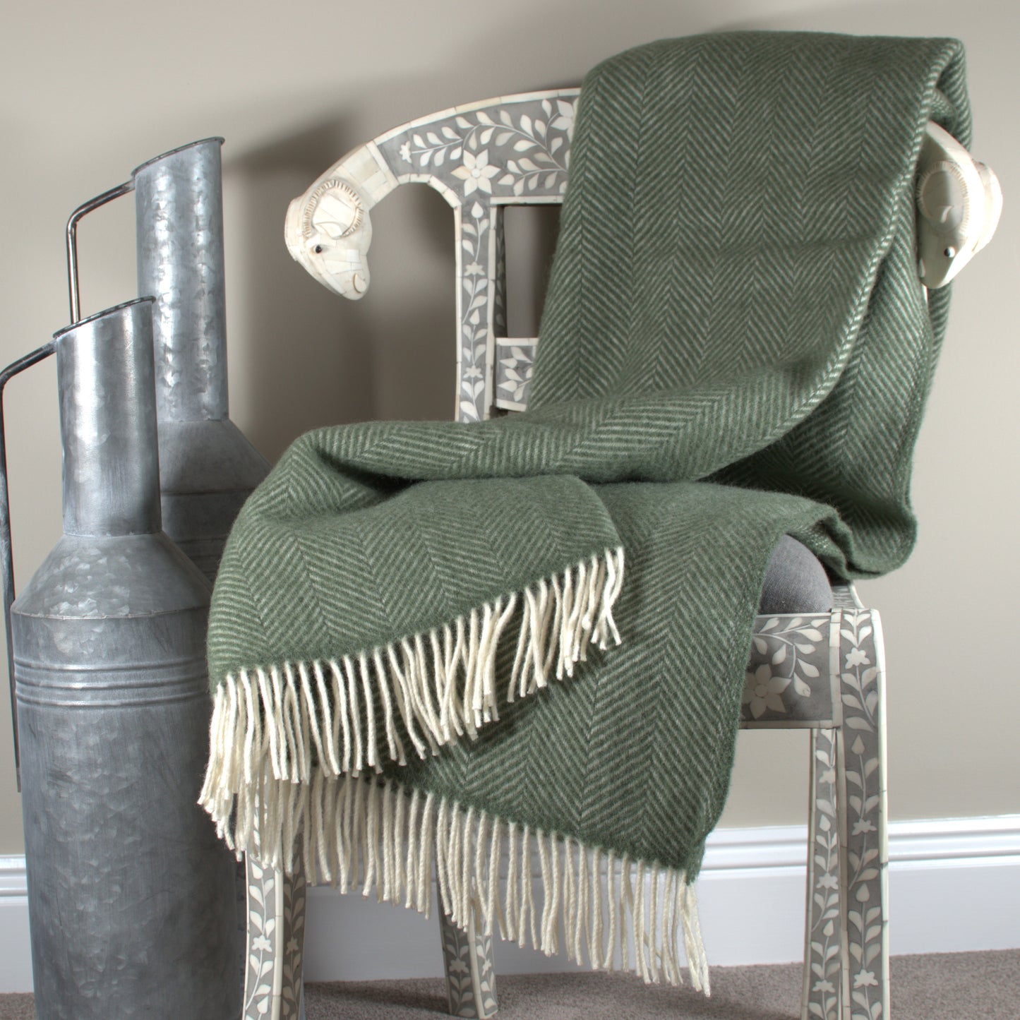 Olive Green Fishbone Pure Wool Throw