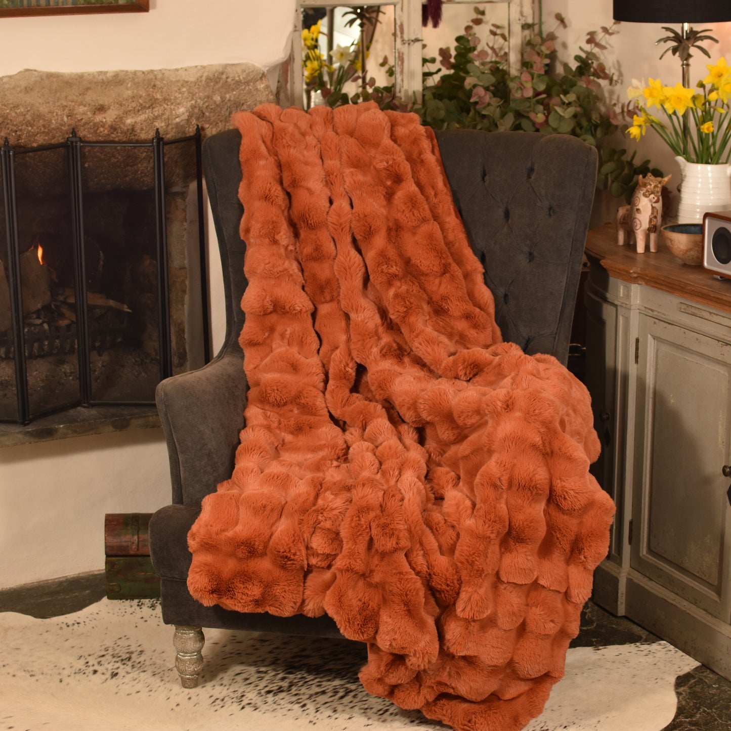 Faux Rabbit Fur Throw - Orange