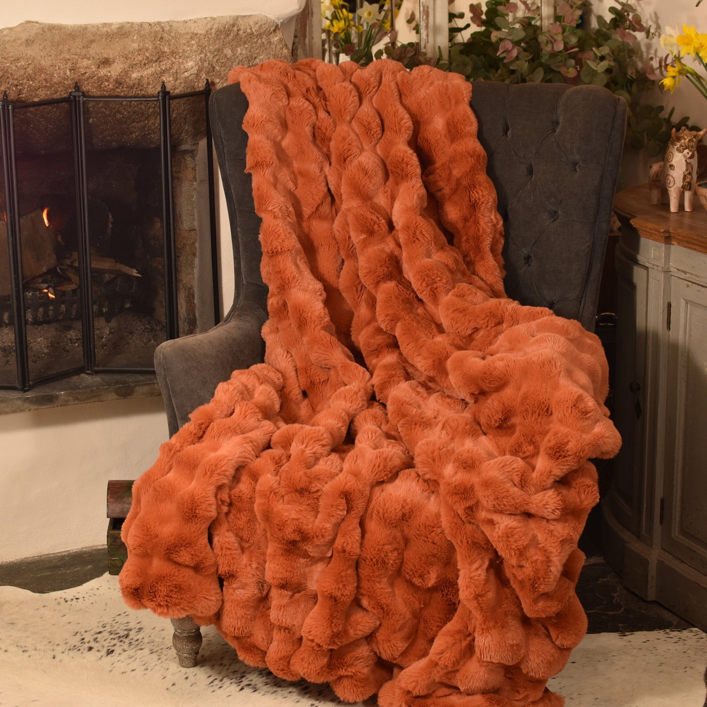 Faux Rabbit Fur Throw - Orange