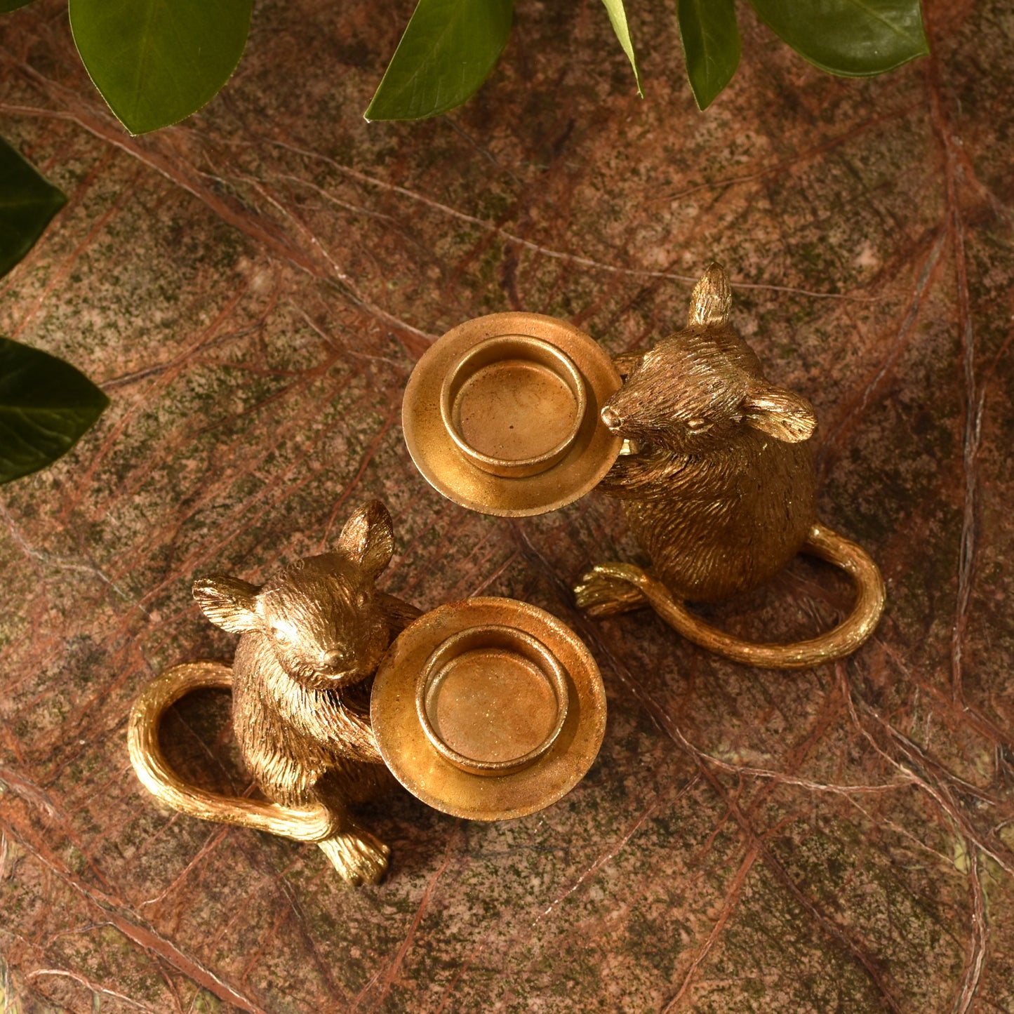 Mice T Light Holders - Aged Gold