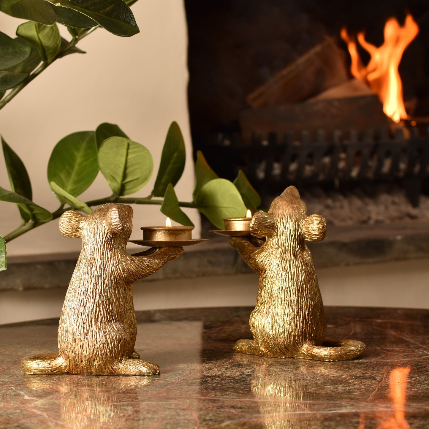 Mice T Light Holders - Aged Gold