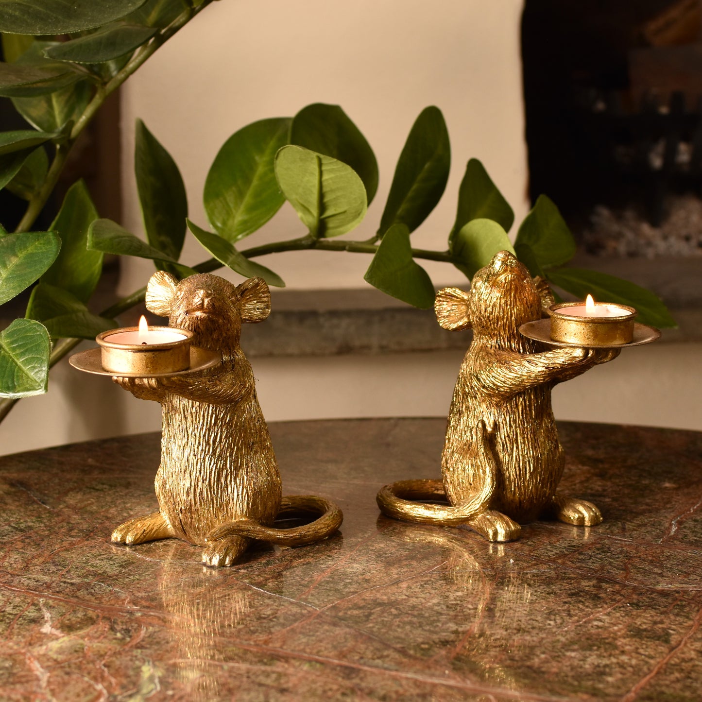 Mice T Light Holders - Aged Gold