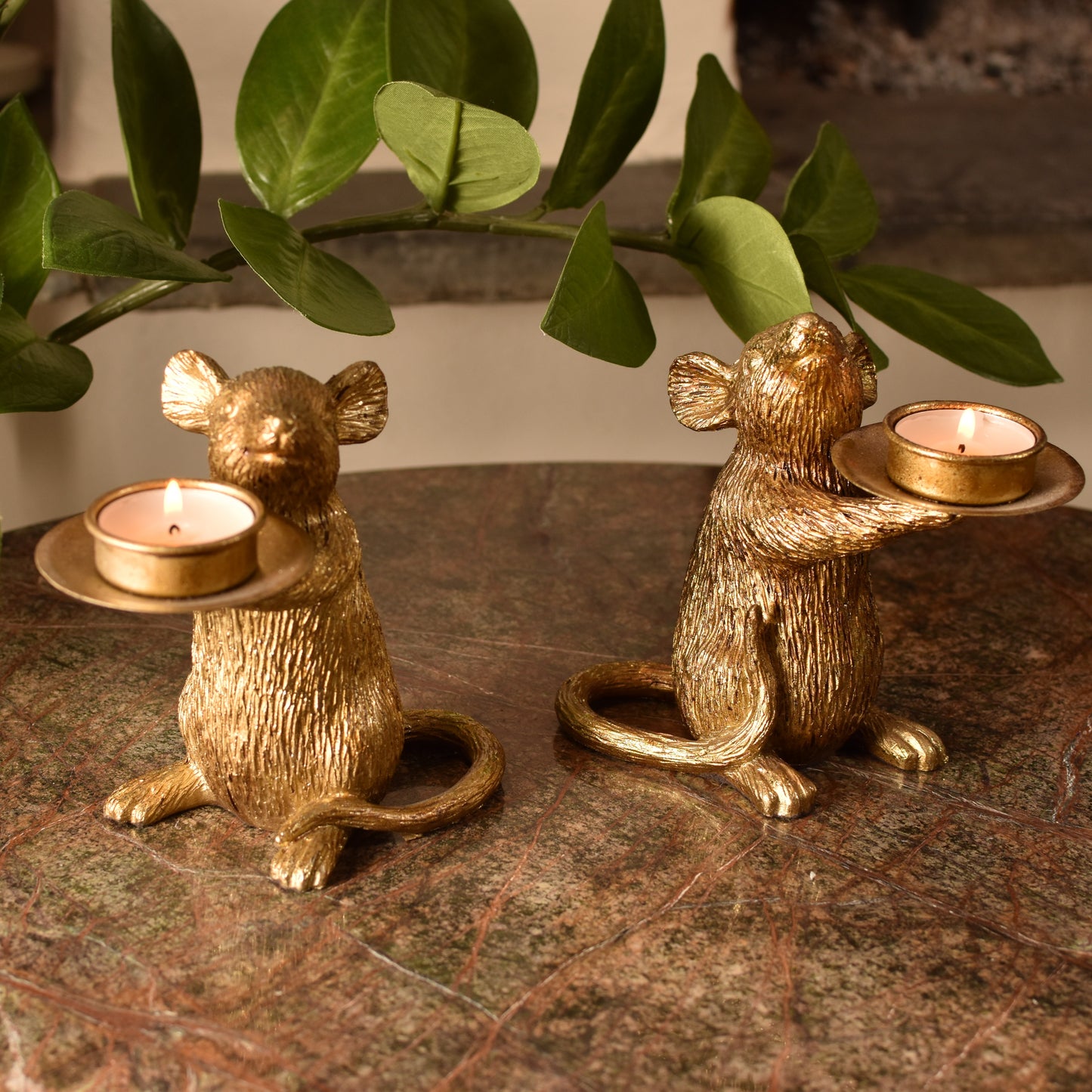 Mice T Light Holders - Aged Gold