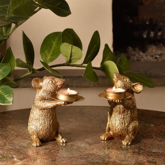 Mice T Light Holders - Aged Gold
