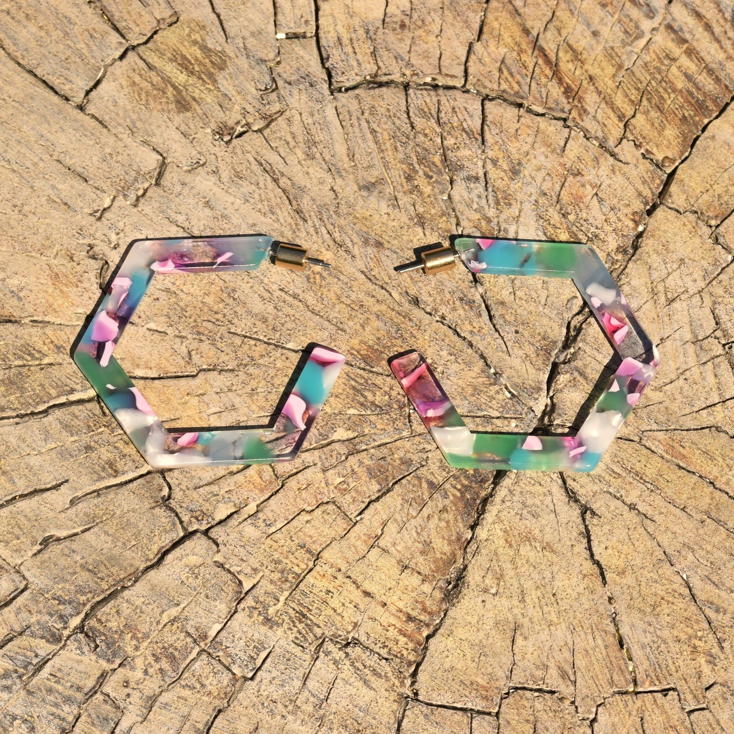 Hexagonal Resin Hoop Earring - Green & Pinks