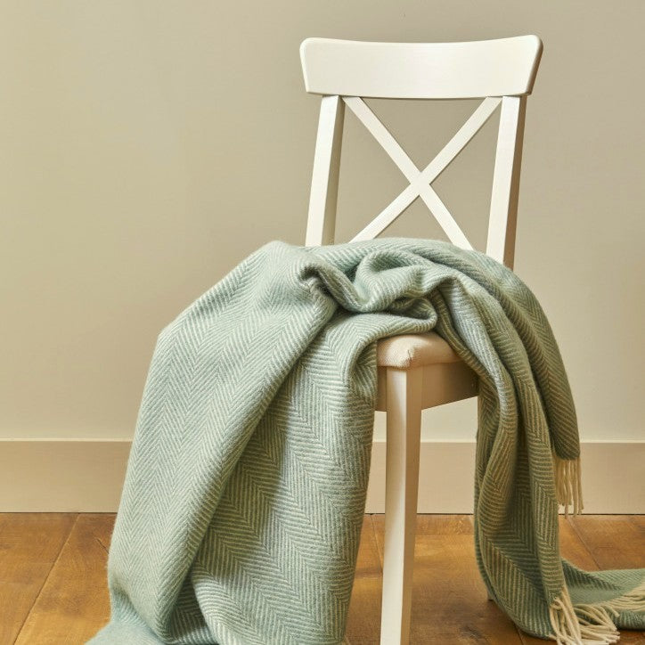 Sea Green Fishbone Pure Wool Throw