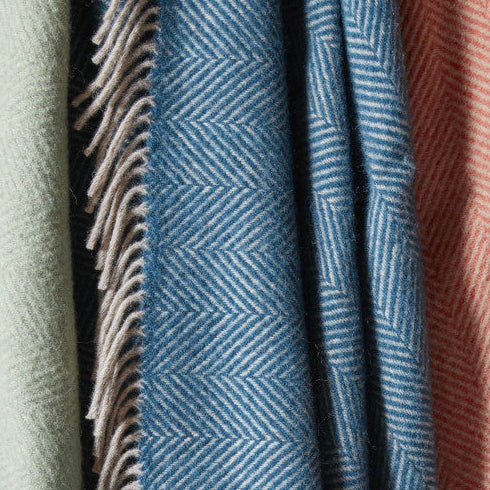 Teal Blue & Hazel Herringbone Wool Throw / Blanket