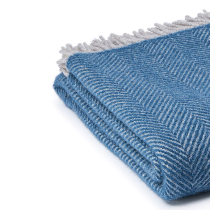 Teal Blue & Hazel Herringbone Wool Throw / Blanket