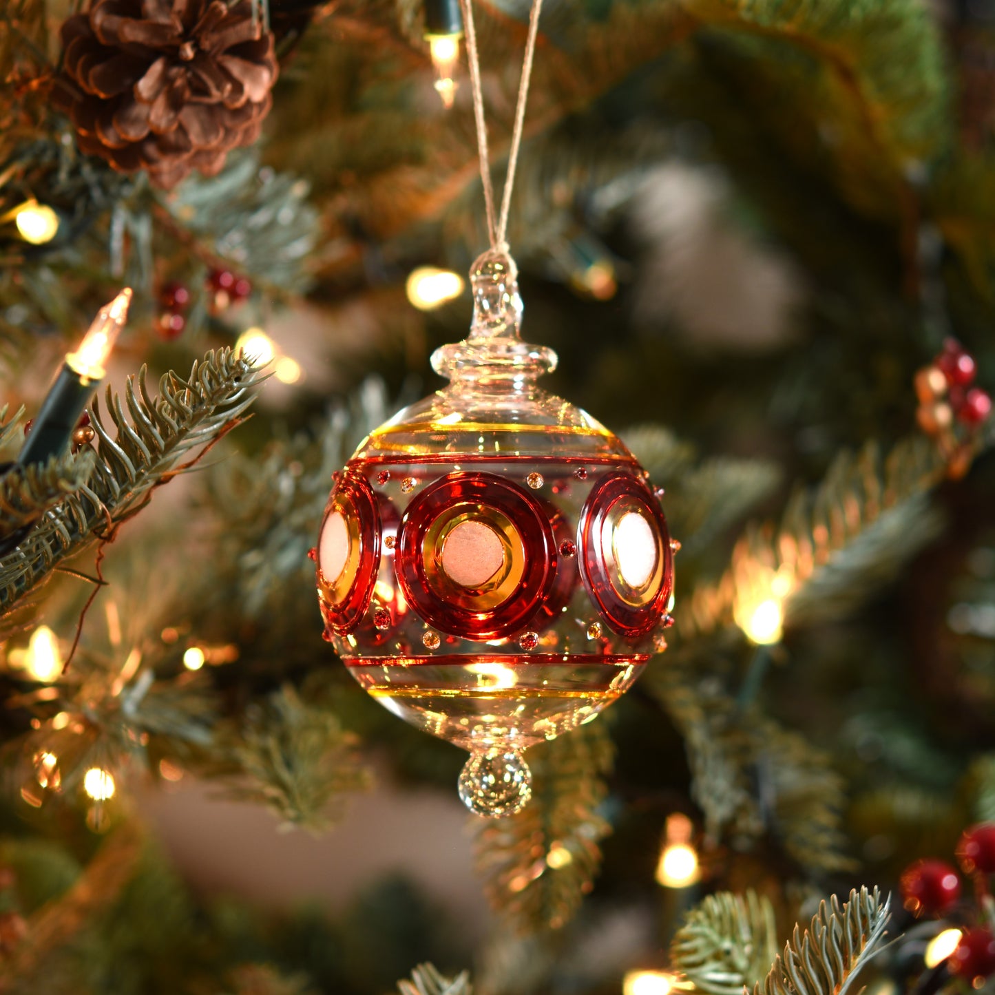 70s Circles Handblown Glass Bauble - Red & Amber - Large