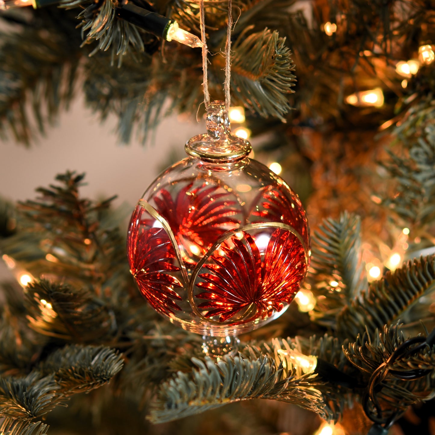 Palm Handblown Glass Bauble - Red & Gold - Large