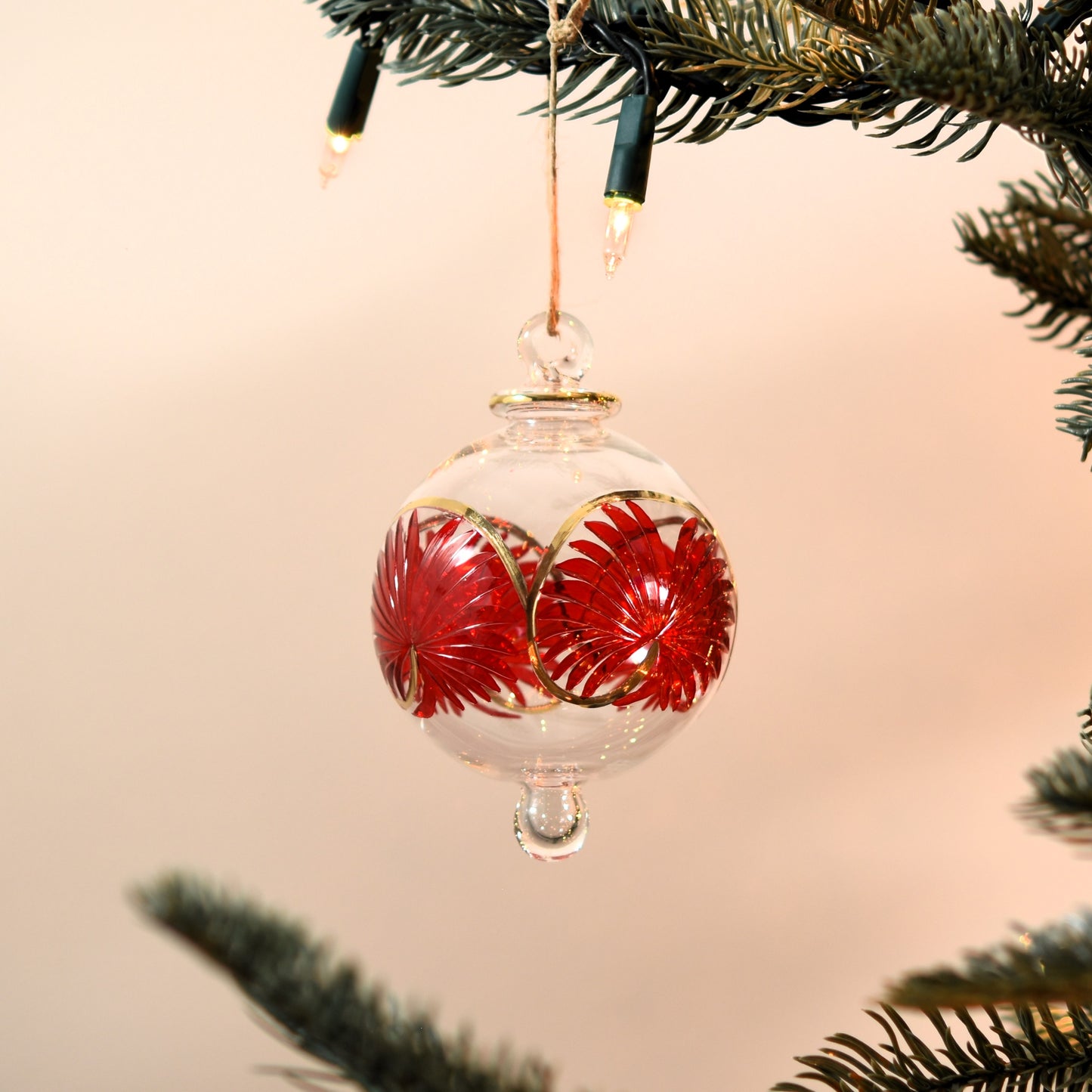 Palm Handblown Glass Bauble - Red & Gold - Large