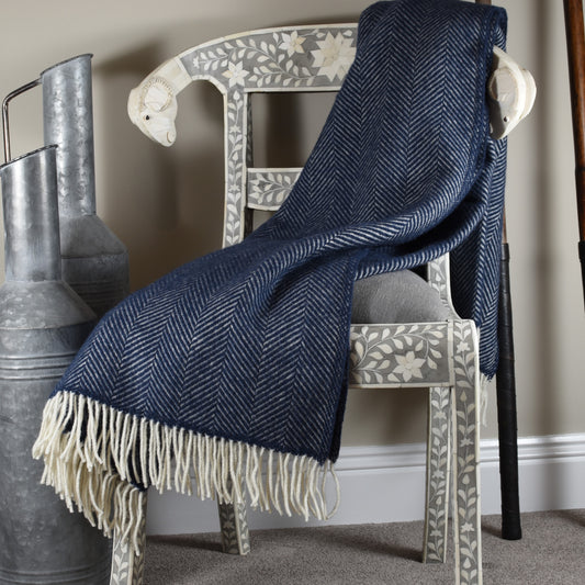 Navy Blue Fishbone Pure Wool Throw