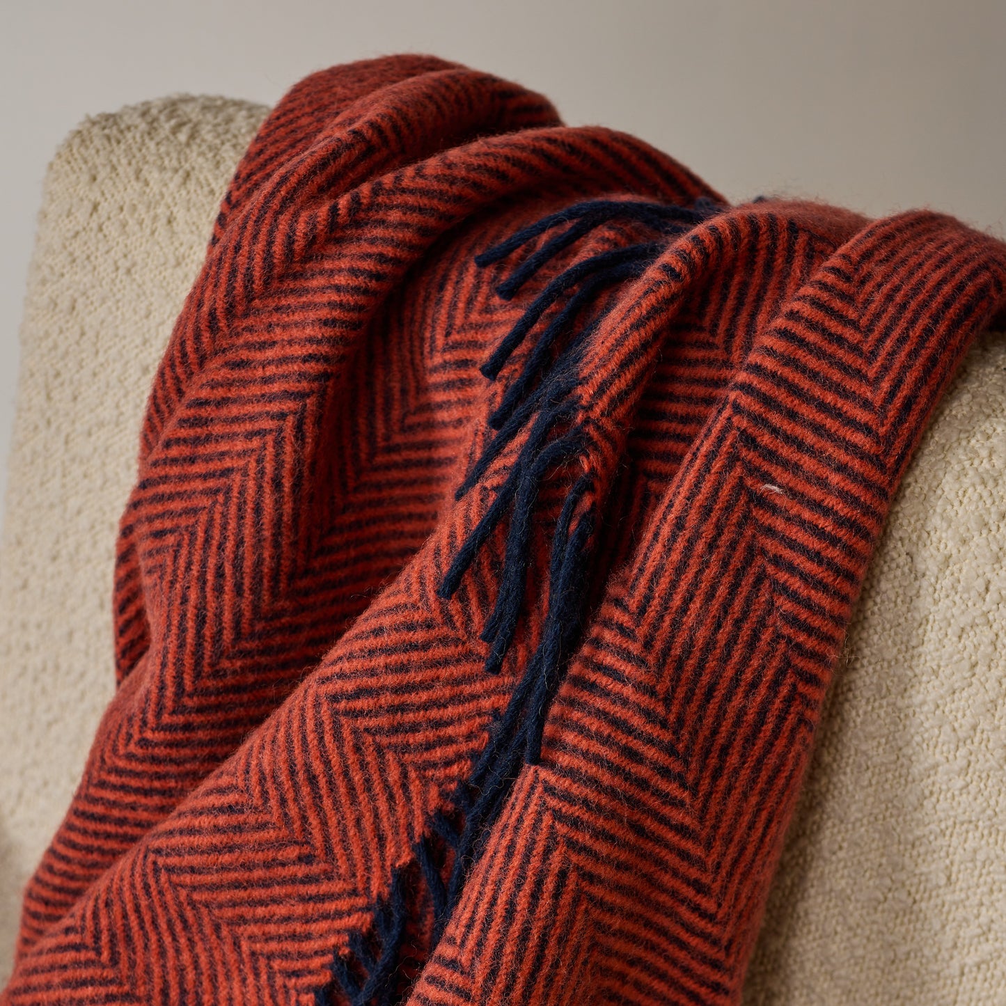 Flamingo Pink & Navy Herringbone Wool Blanket / Throw