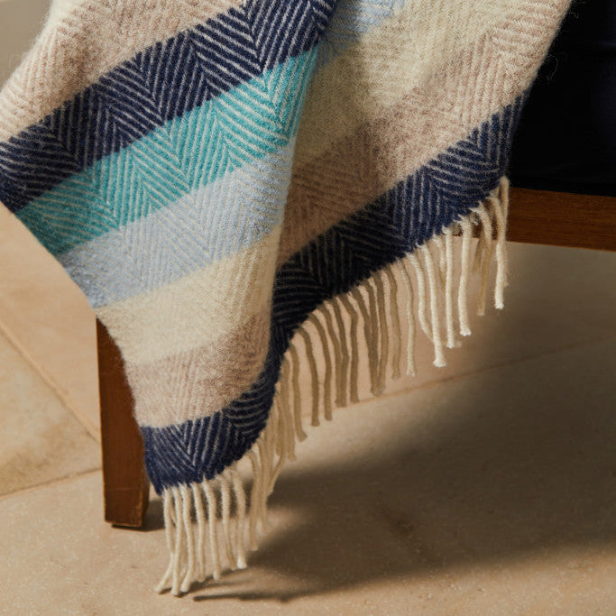 Coastal Stripe Blue & Beige Wool Blanket / Throw