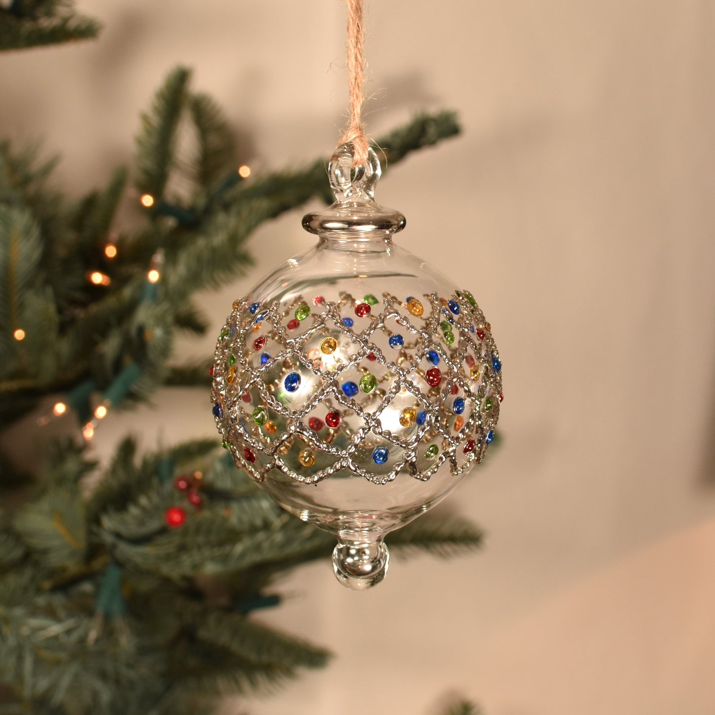 Diamonds Handblown Glass Bauble - Multi & Silver Colour - Large