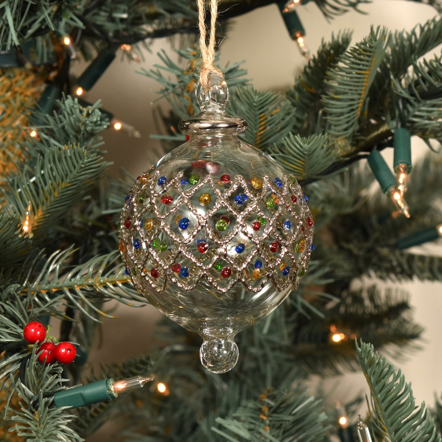 Diamonds Handblown Glass Bauble - Multi & Silver Colour - Large