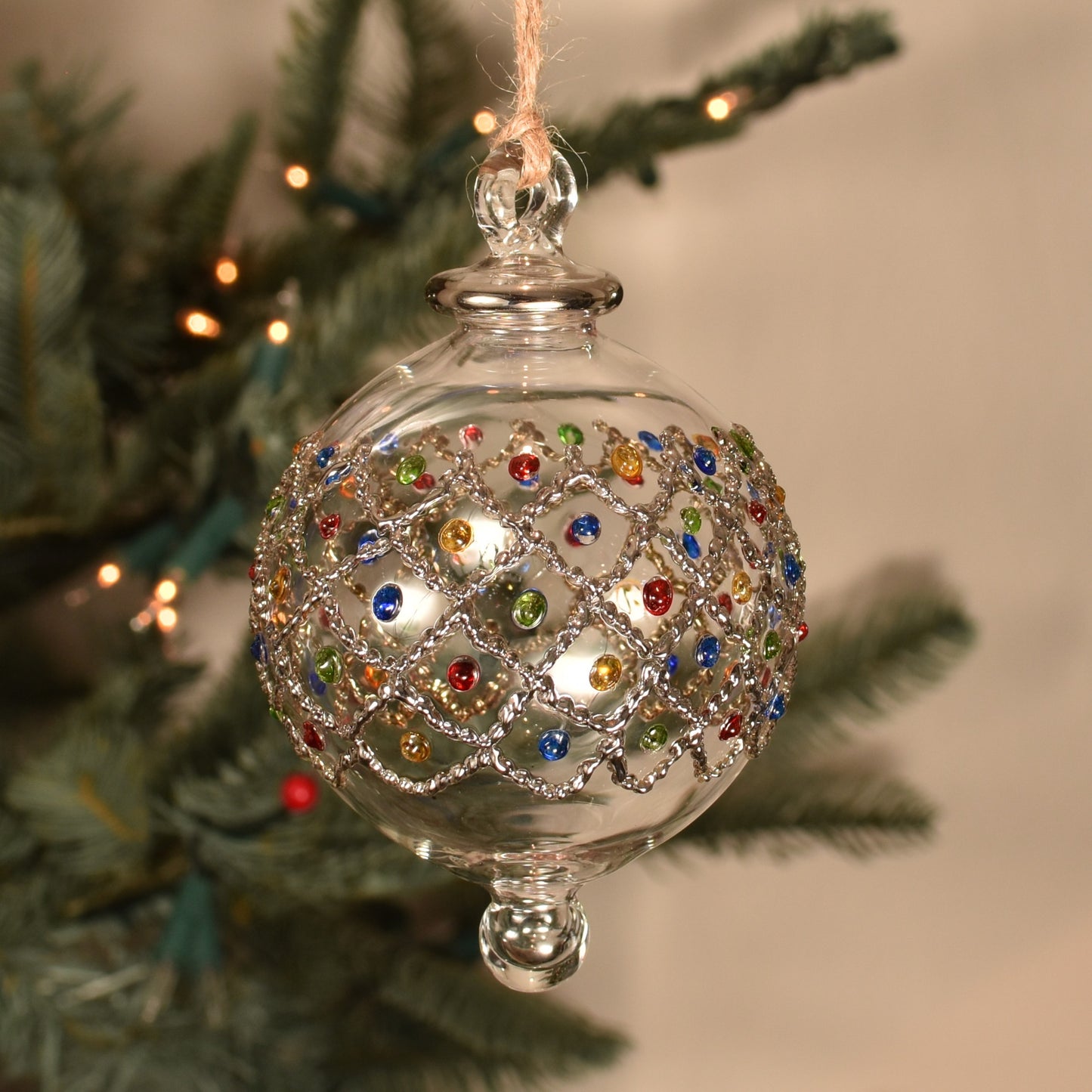 Diamonds Handblown Glass Bauble - Multi & Silver Colour - Large