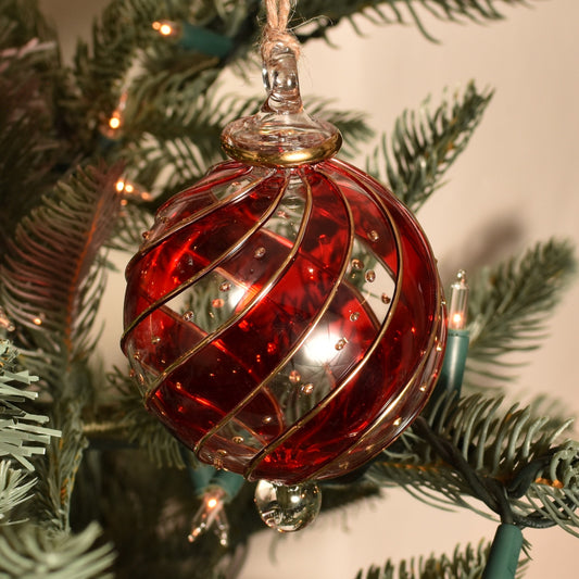 Ribbons Handblown Glass Bauble - Red & Gold Colour - Large