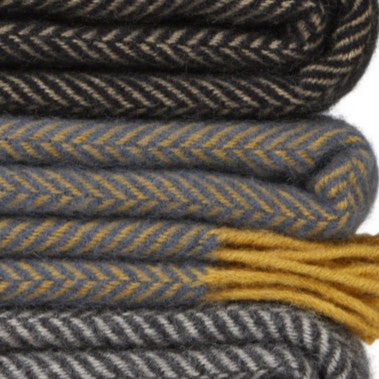 Navy & Mustard Herringbone Wool Blanket / Throw