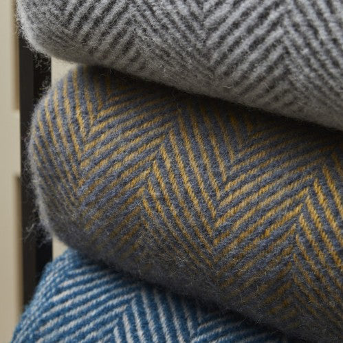 Navy & Mustard Herringbone Wool Blanket / Throw