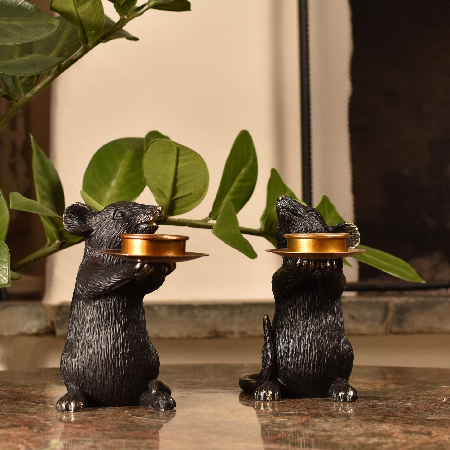 Mice T Light Holders - Aged Black and Gold