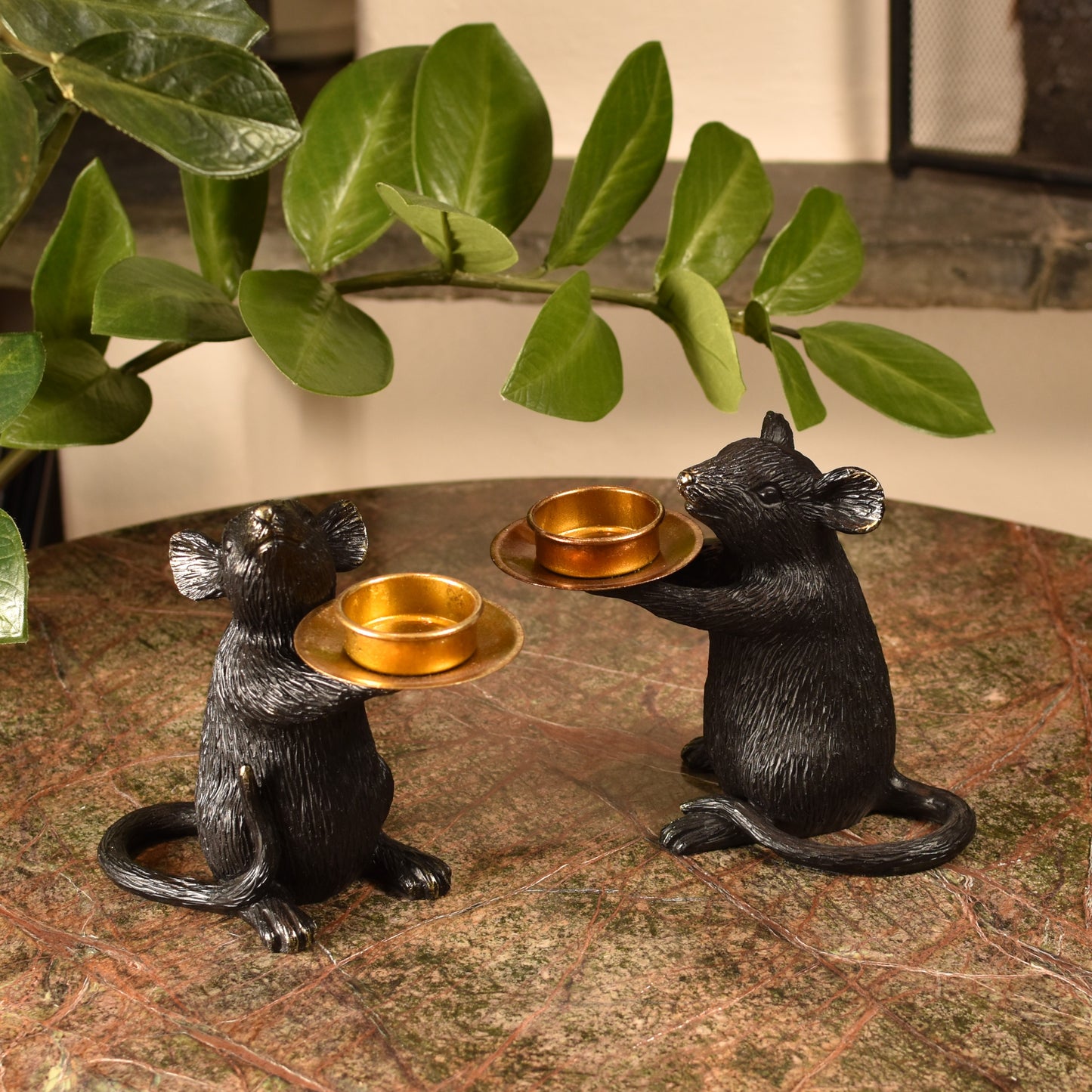 Mice T Light Holders - Aged Black and Gold