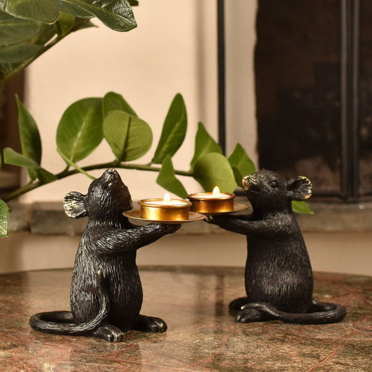 Mice T Light Holders - Aged Black and Gold