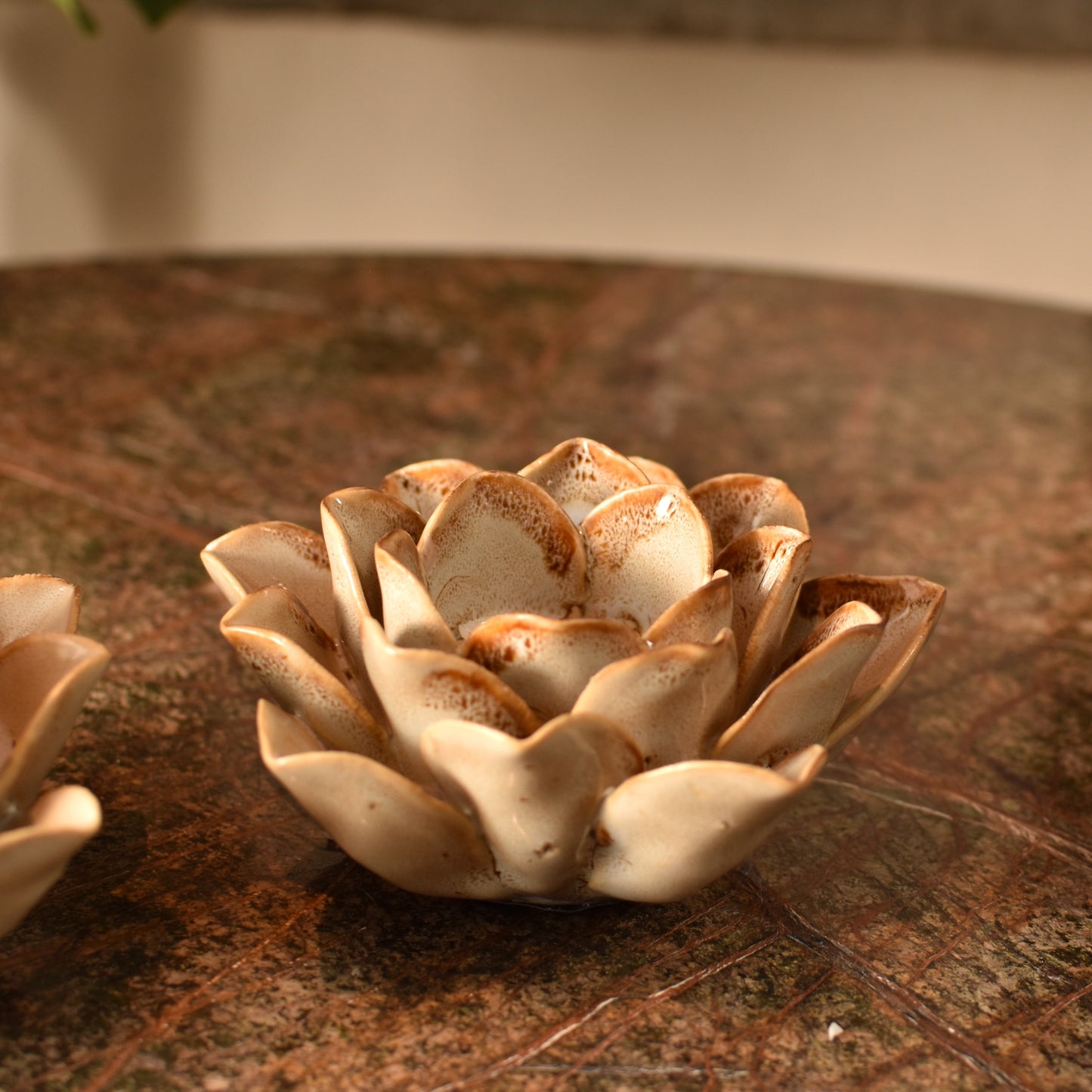 Cream & Brown Flower T Light Holders - Pair