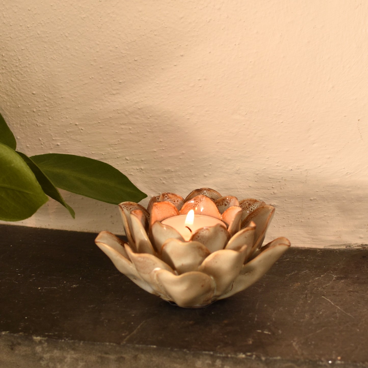 Cream & Brown Flower T Light Holders - Pair