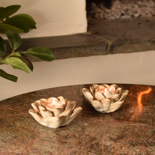 Cream & Brown Flower T Light Holders - Pair