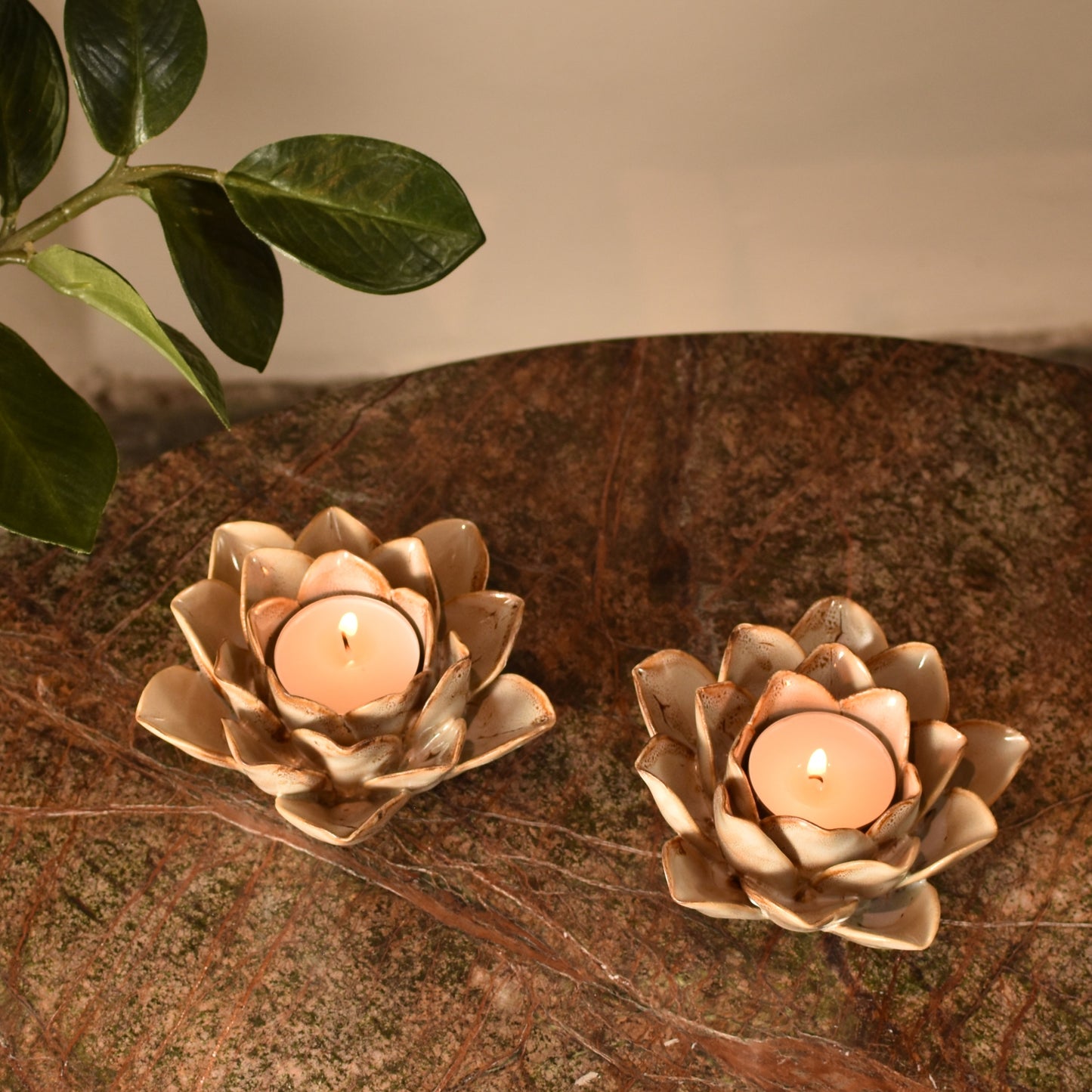 Cream & Brown Flower T Light Holders - Pair