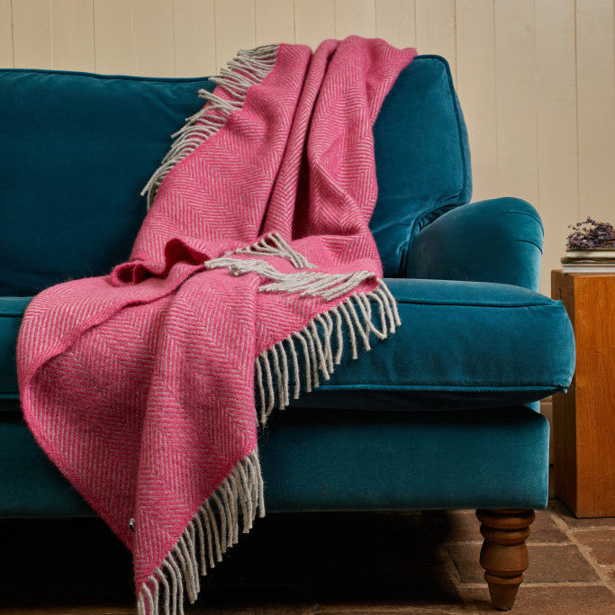 Pink & Silver Grey Herringbone Wool Throw / Blanket